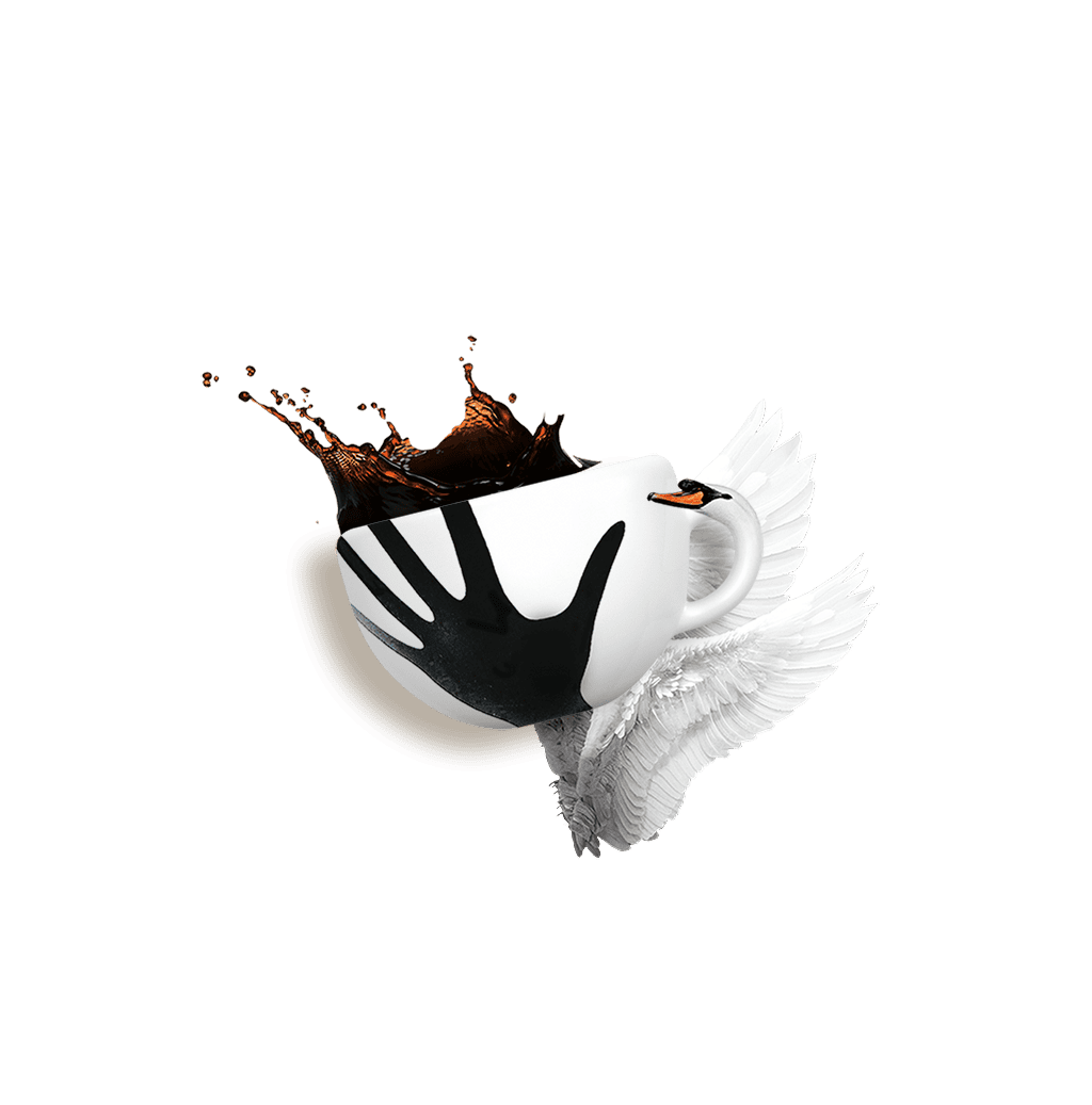 Collage van koffie, vogels, planten en koffiebonen